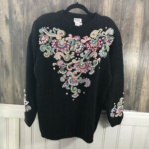 vintage boaz ramie cotton blend black embroidered pearl sweater size 22/24
